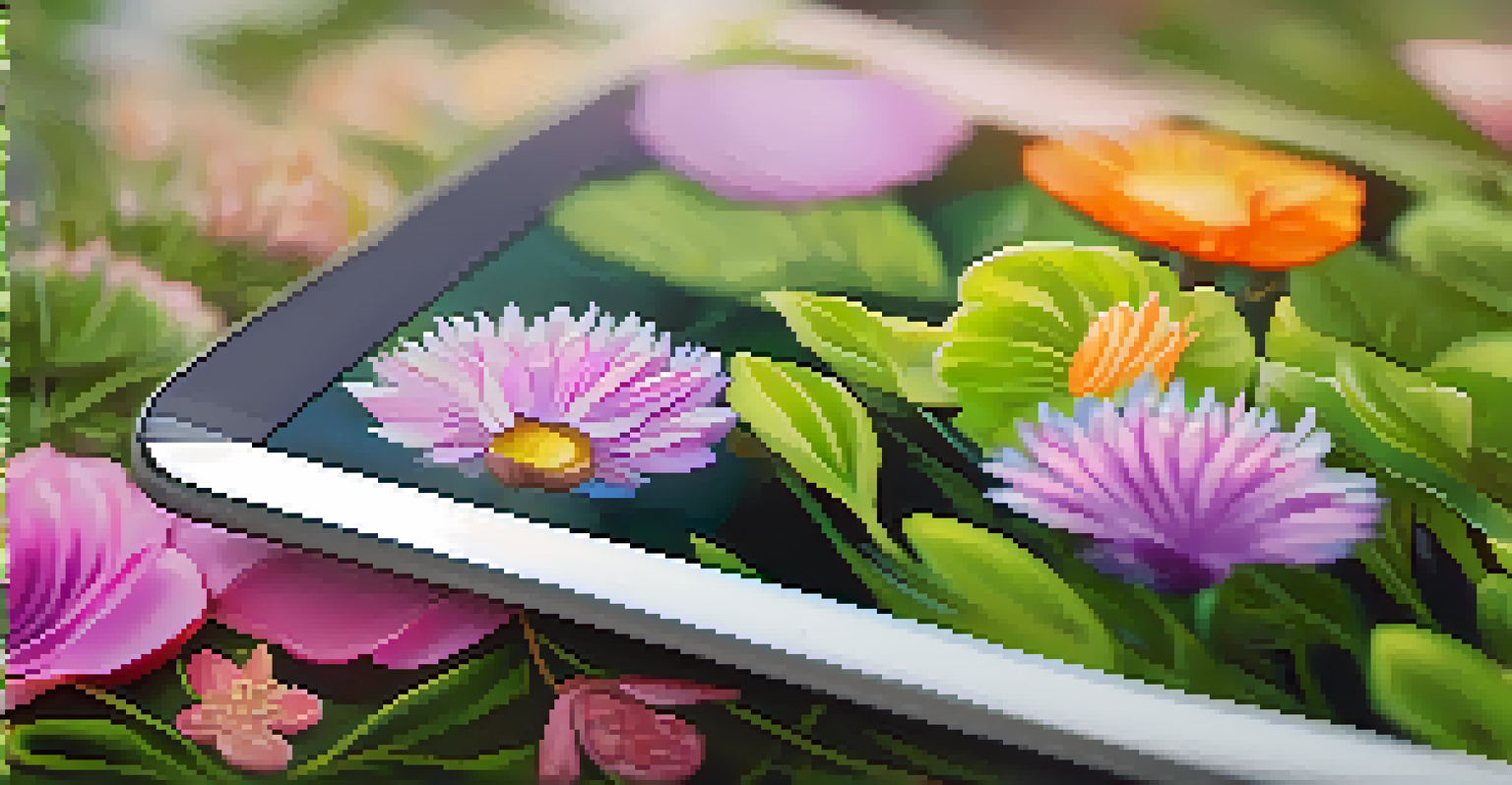 A close-up of an NFT artwork on a tablet, surrounded by nature, showcasing intricate designs and vibrant colors.