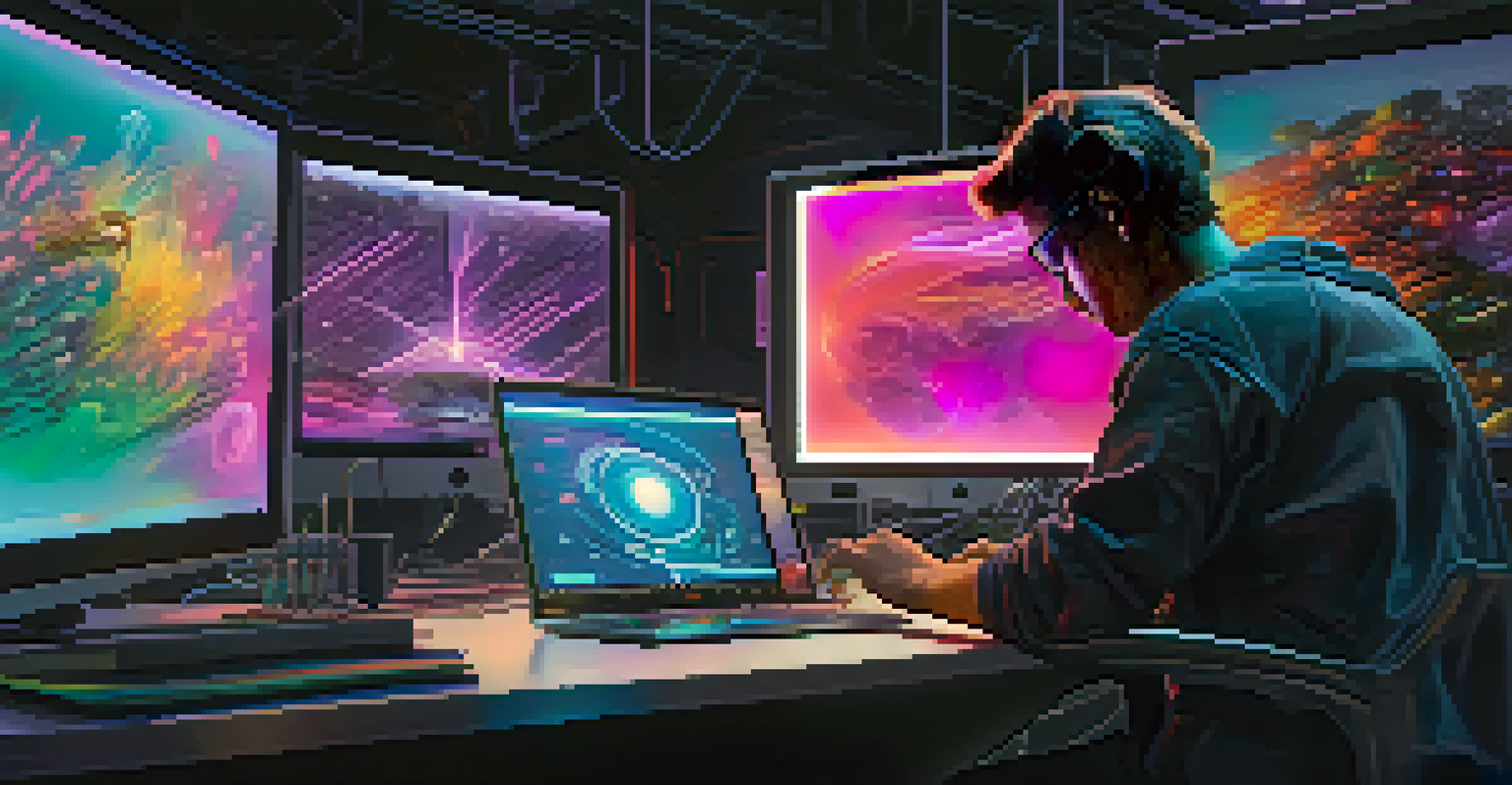 A digital artist creating an NFT in a modern workspace, with vibrant animated artwork on screens.
