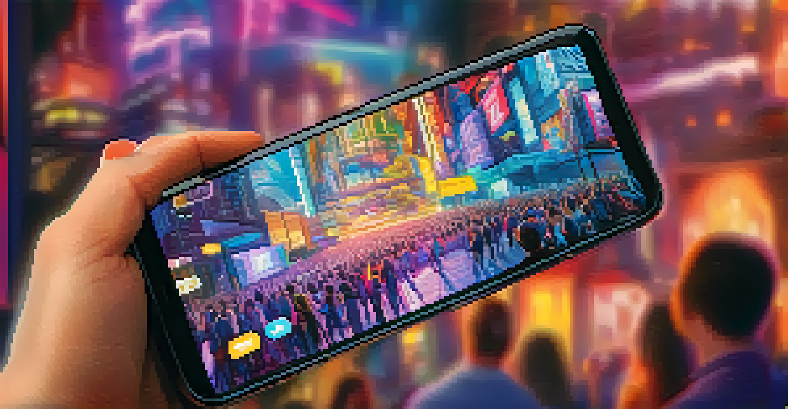 A user holding a smartphone showing a rare NFT, with a lively online community event in the background.