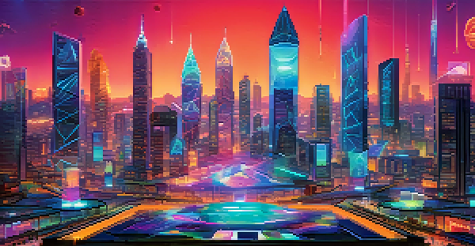 A futuristic blockchain ledger interface with vibrant non-fungible tokens, set against a neon-lit cityscape.