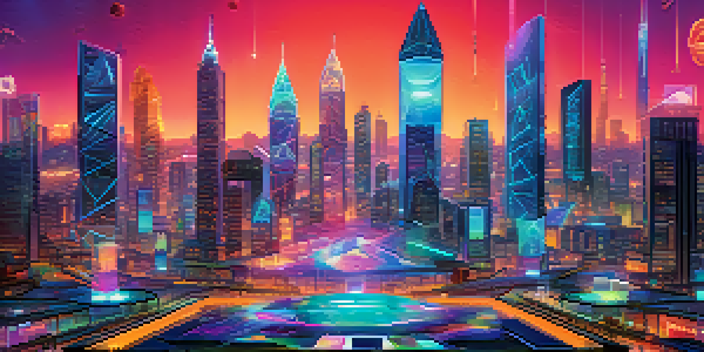 A futuristic blockchain ledger interface with vibrant non-fungible tokens, set against a neon-lit cityscape.
