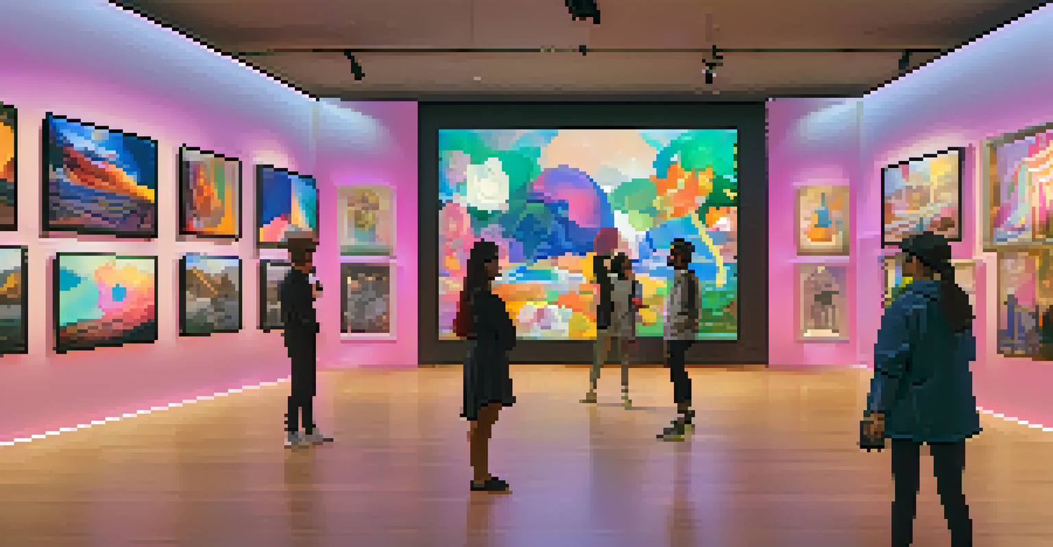 A virtual art gallery in a VR game displaying a collection of unique NFT artworks, with players interacting with the pieces.