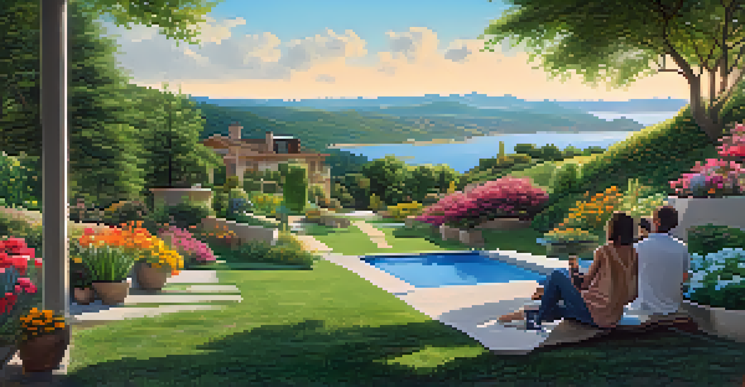 A scenic view of a digital home on a hill with collectors discussing virtual real estate in a lush green environment.