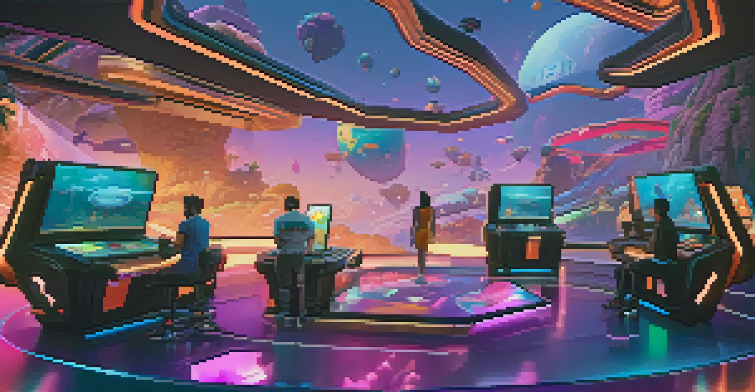 Players interacting with NFT collectibles in a vibrant virtual gaming environment with animated characters and floating islands.