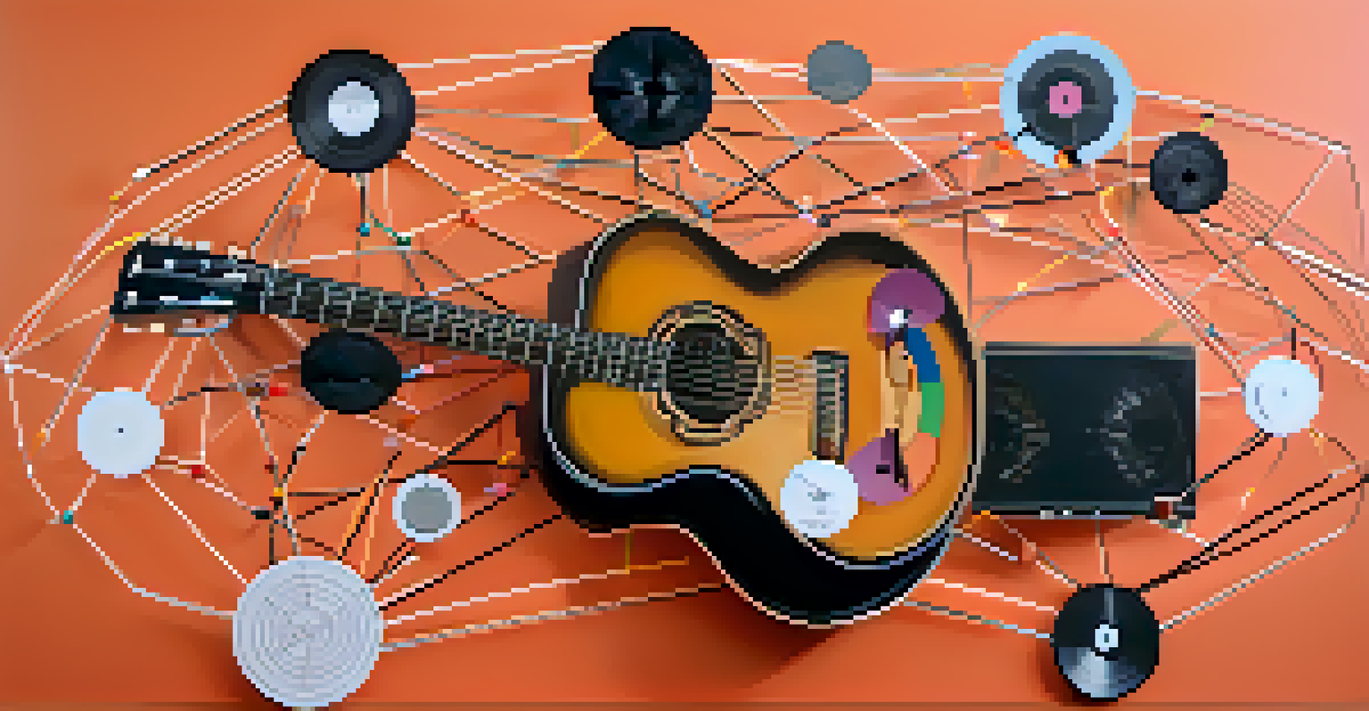 A visual representation of a blockchain network featuring musical instruments, illustrating the connection between artists and fans through NFTs.