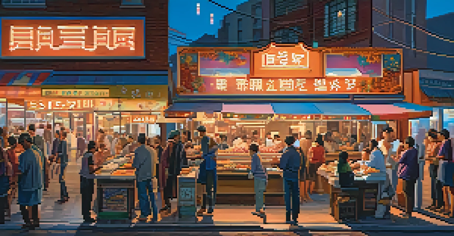 A lively urban market at dusk, filled with people and illuminated by colorful neon signs.