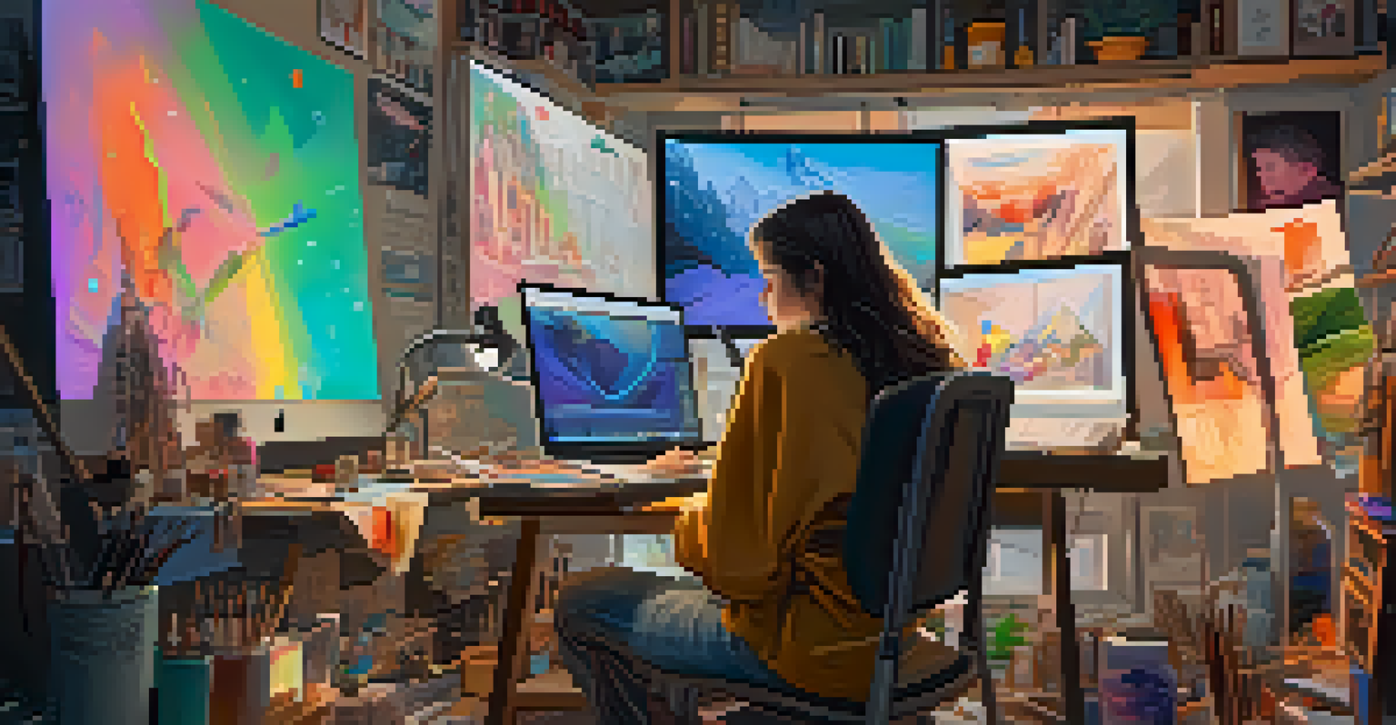 An artist in a cozy studio creating an NFT, surrounded by sketches and art supplies, illuminated by soft natural light.