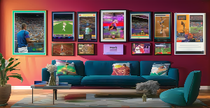A virtual gallery displaying colorful NFTs of memorable sports moments, with fans admiring the digital collectibles.
