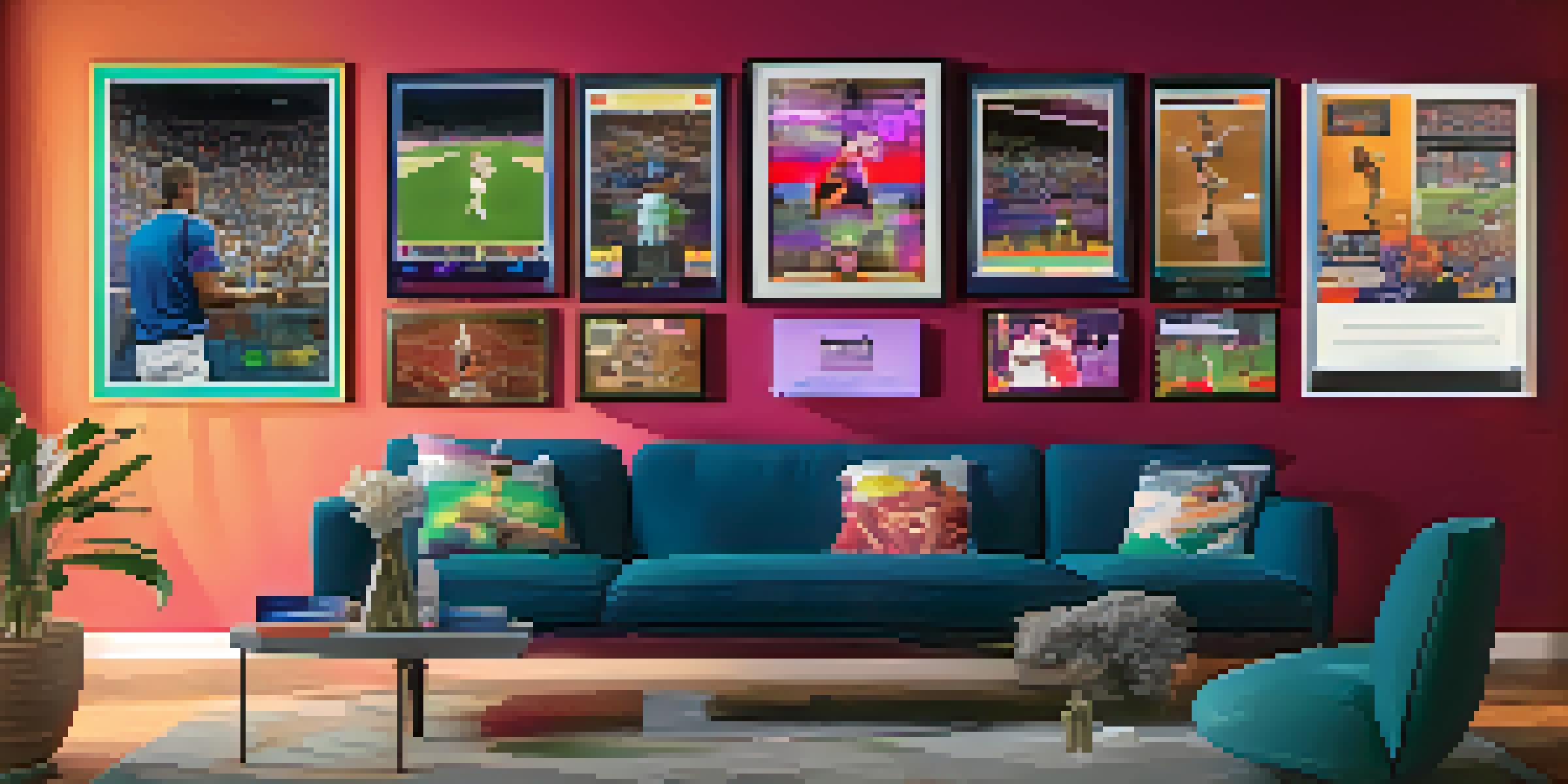 A virtual gallery displaying colorful NFTs of memorable sports moments, with fans admiring the digital collectibles.