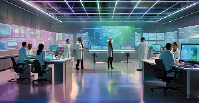 A futuristic research lab with scientists collaborating on data analysis, featuring holographic displays of NFTs.