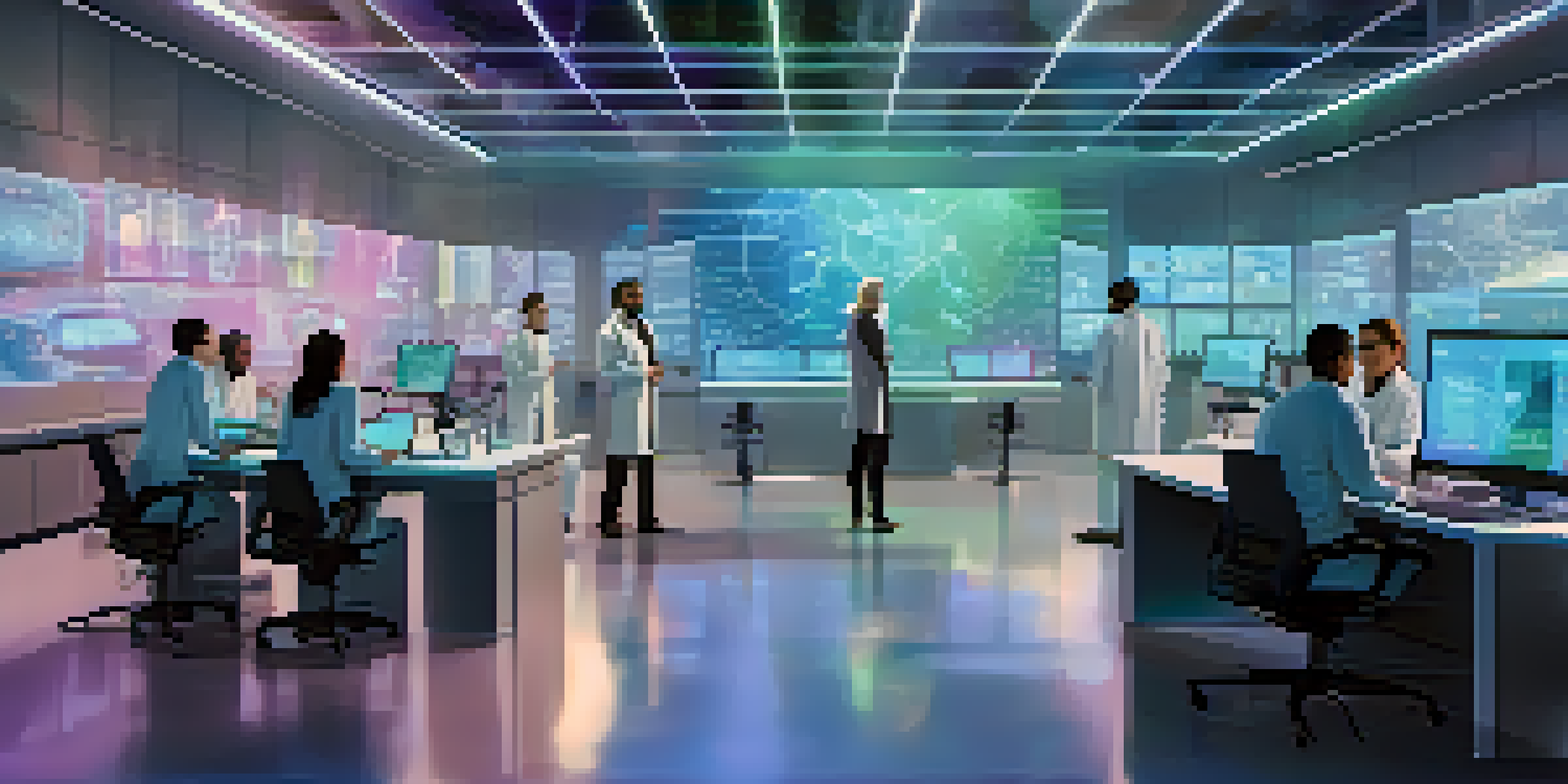 A futuristic research lab with scientists collaborating on data analysis, featuring holographic displays of NFTs.