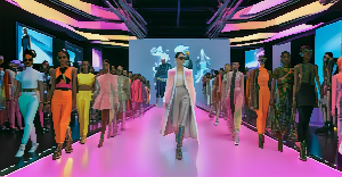 A digital fashion show with avatars in unique outfits on a modern runway, illuminated by colorful lights.