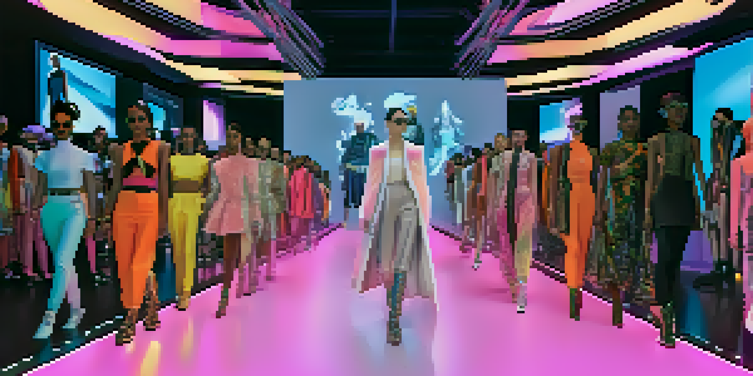 A digital fashion show with avatars in unique outfits on a modern runway, illuminated by colorful lights.