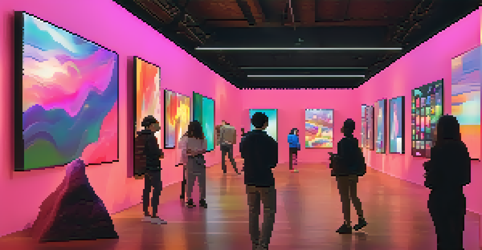 An art gallery filled with colorful digital artworks and animated NFTs, with people engaging and discussing.