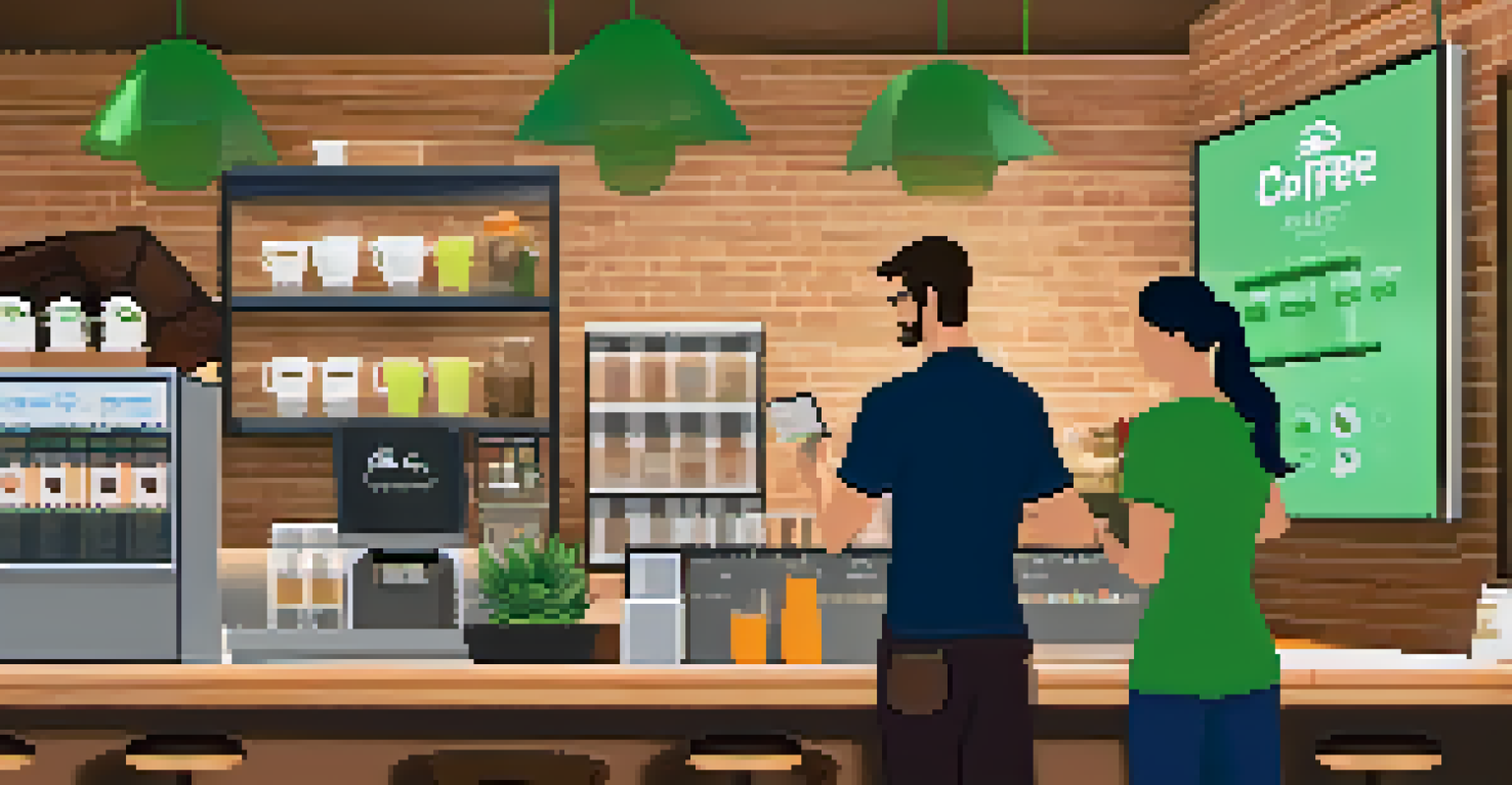 A cozy coffee shop with a barista serving a customer, and a digital screen displaying NFT loyalty program details.