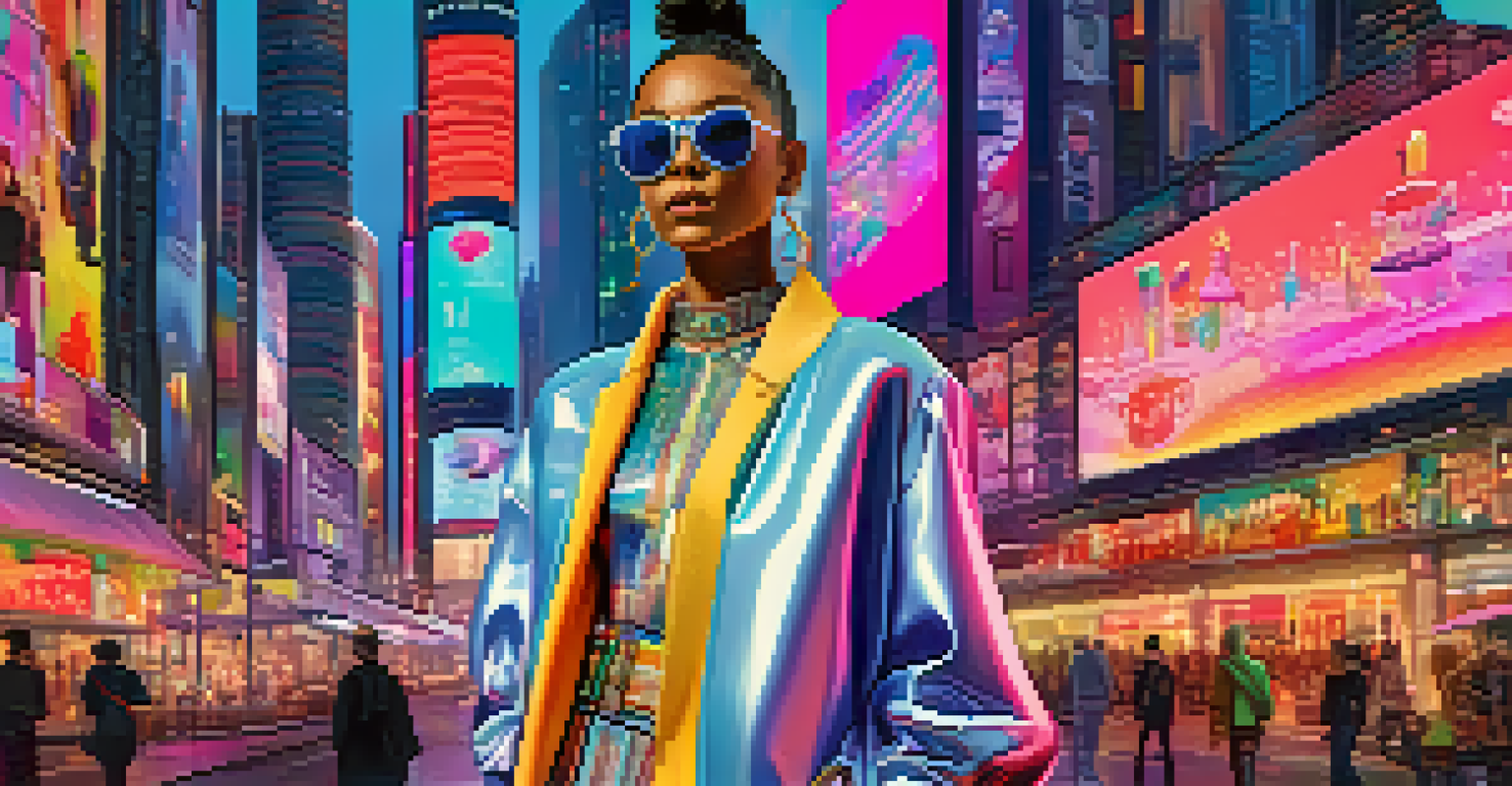 An avatar wearing a stylish digital outfit in a colorful virtual environment, surrounded by digital fashion billboards.