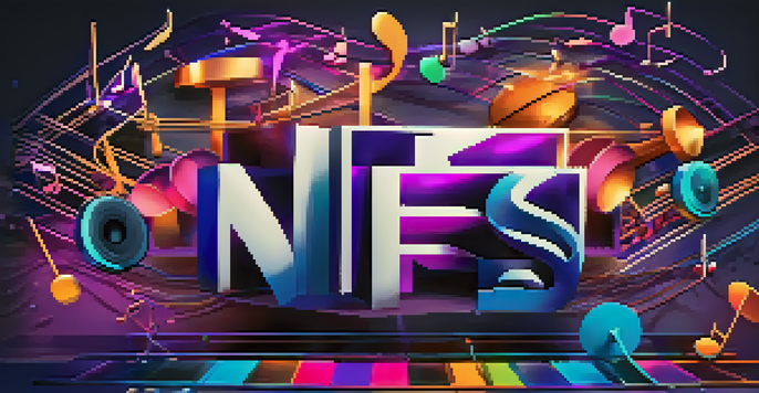 An abstract representation of NFTs in the music industry, with colorful musical notes and digital tokens against a vibrant blue and purple background.