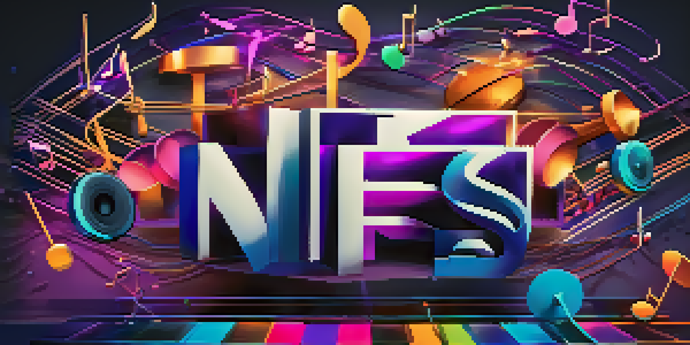 An abstract representation of NFTs in the music industry, with colorful musical notes and digital tokens against a vibrant blue and purple background.