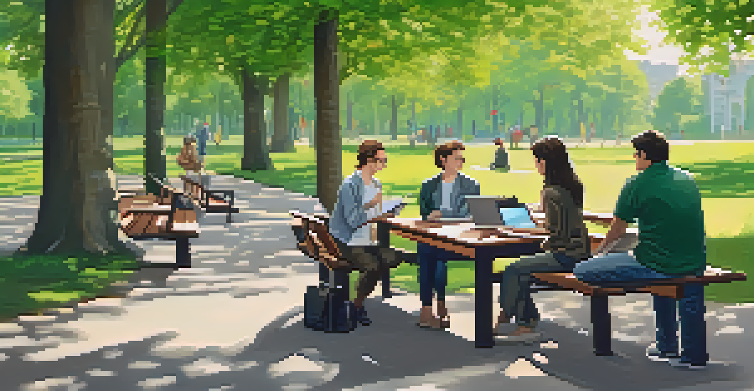 Researchers in a park discussing their work with laptops and tablets displaying NFTs.