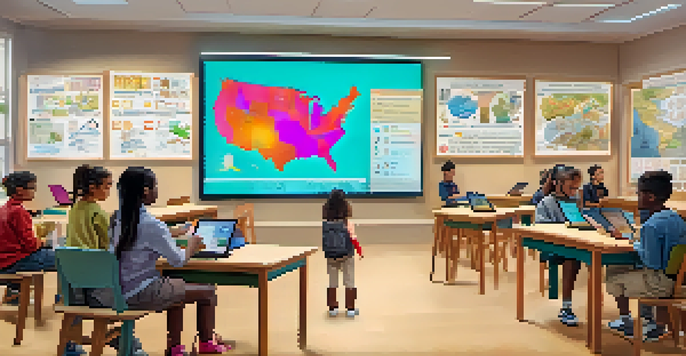 A lively classroom scene where students are using digital tablets to explore NFTs of historical artifacts, with colorful educational posters in the background.