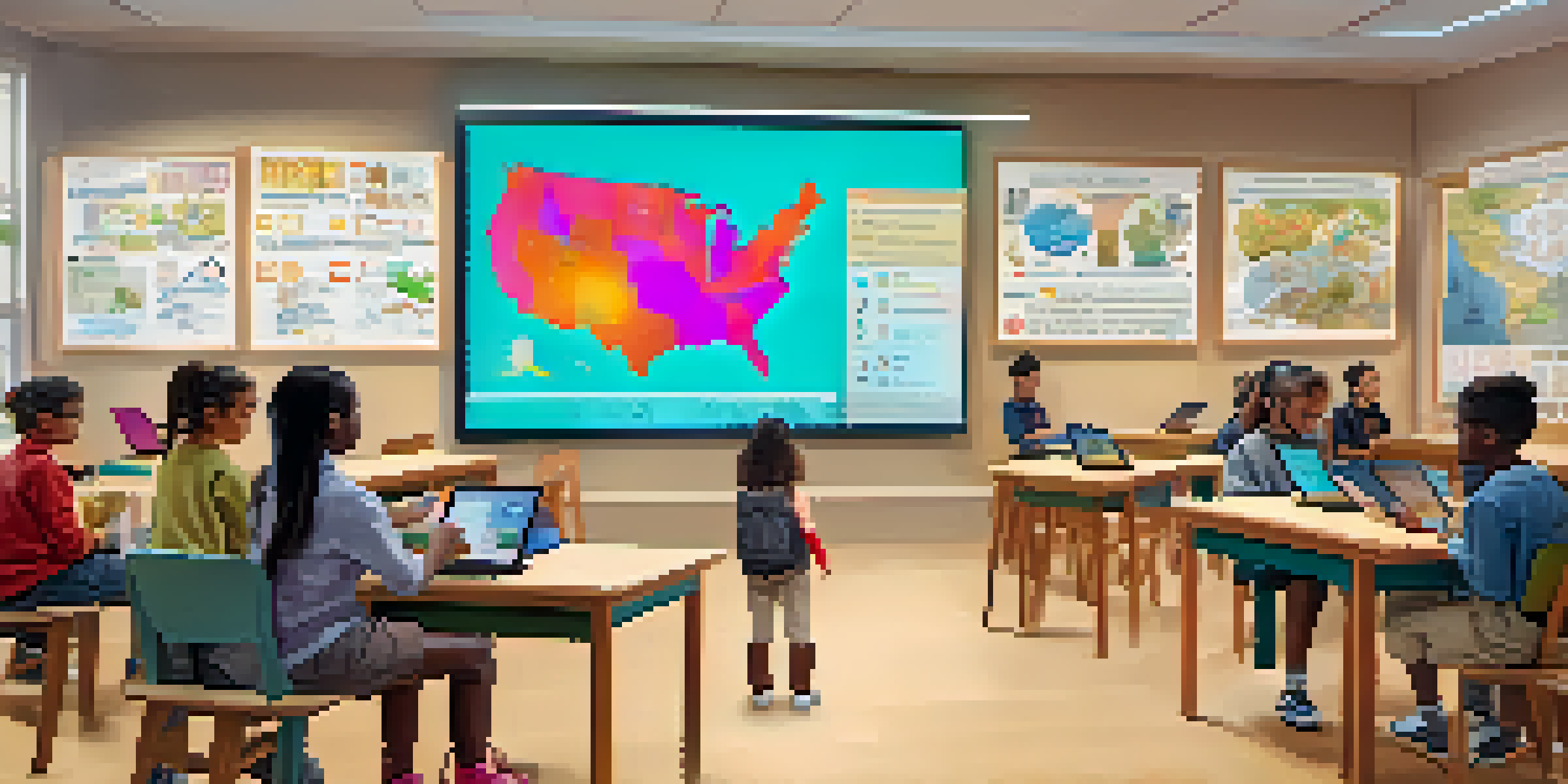 A lively classroom scene where students are using digital tablets to explore NFTs of historical artifacts, with colorful educational posters in the background.