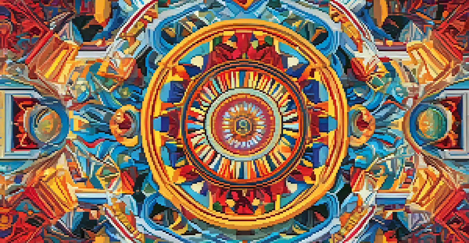 A colorful maximalist artwork with overlapping shapes and intricate patterns, showcasing a variety of bright colors.
