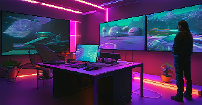 A digital art studio with an artist at a computer, surrounded by holographic displays of NFTs and smart contracts in vibrant colors.