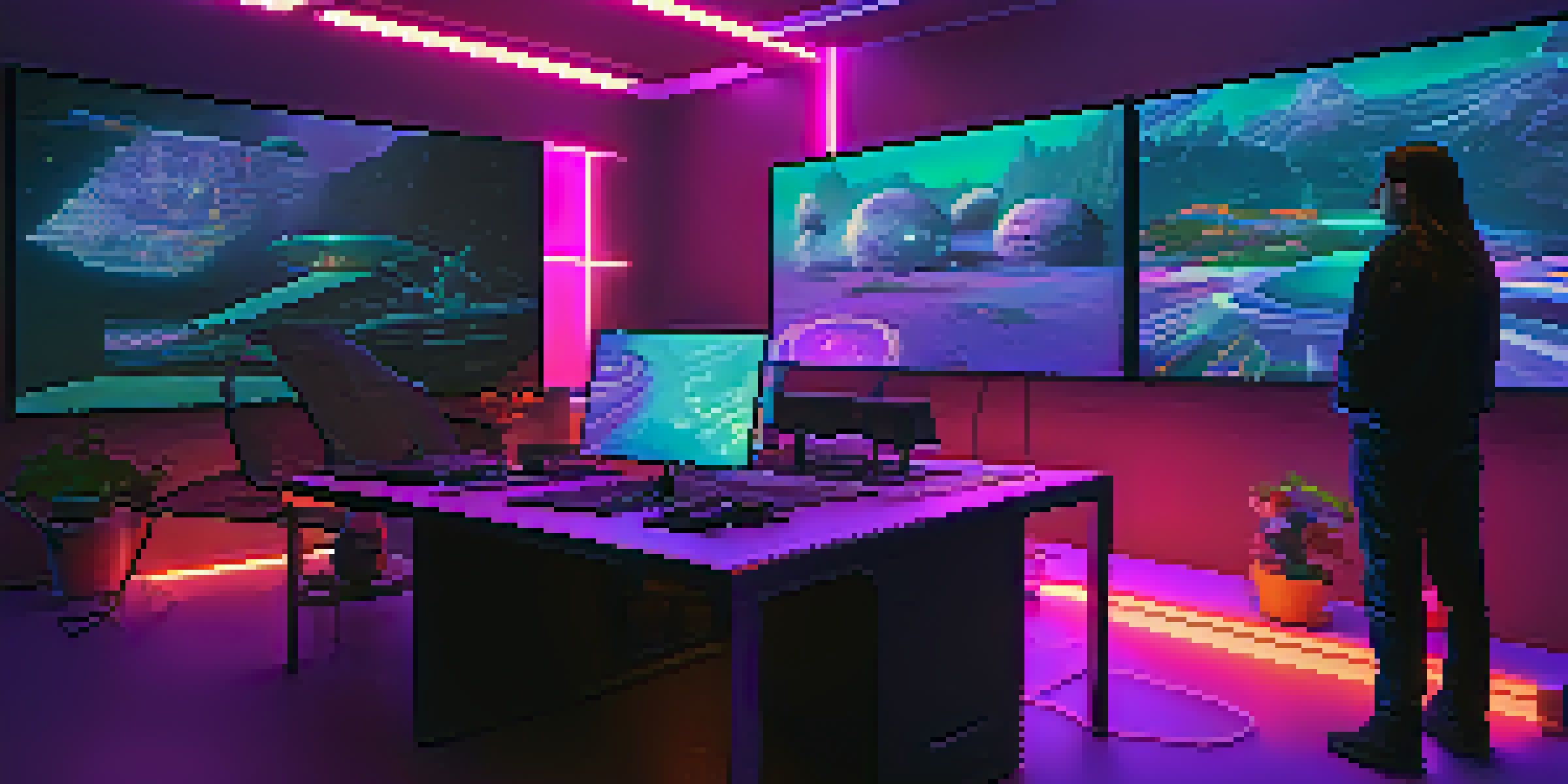 A digital art studio with an artist at a computer, surrounded by holographic displays of NFTs and smart contracts in vibrant colors.