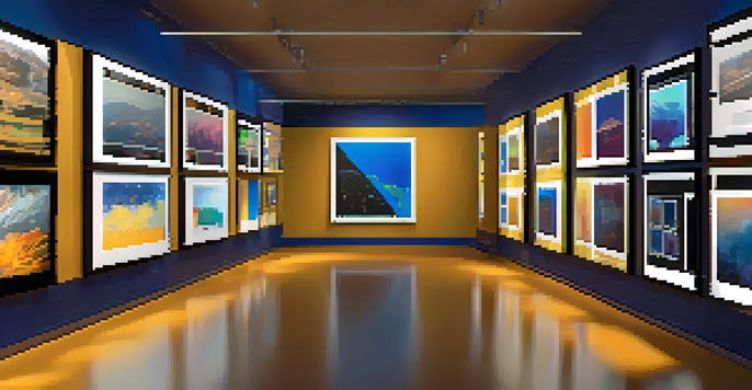 A digital art gallery filled with various NFTs displayed on screens, with soft ambient lighting and silhouettes of visitors exploring.