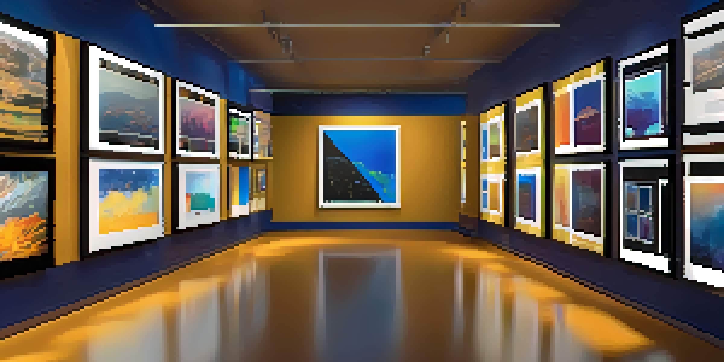A digital art gallery filled with various NFTs displayed on screens, with soft ambient lighting and silhouettes of visitors exploring.