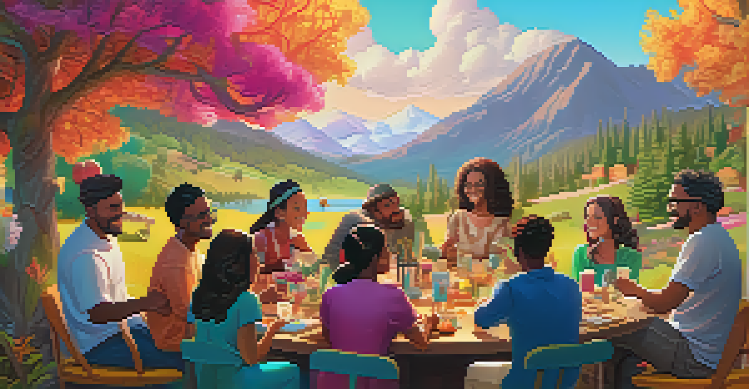 A virtual gathering of diverse friends sharing and discussing NFTs in a colorful digital landscape.