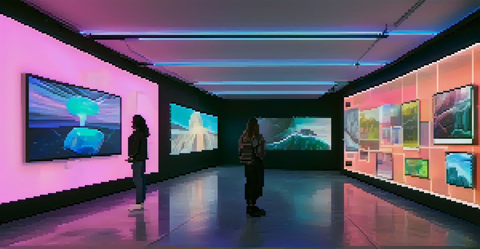 A futuristic virtual gallery displaying animated NFT artworks on digital screens, with visitors engaging through augmented reality glasses in a vibrant atmosphere.