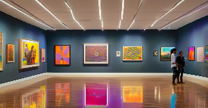 A digital art gallery filled with colorful NFT artworks, featuring diverse people discussing the pieces in a modern setting.