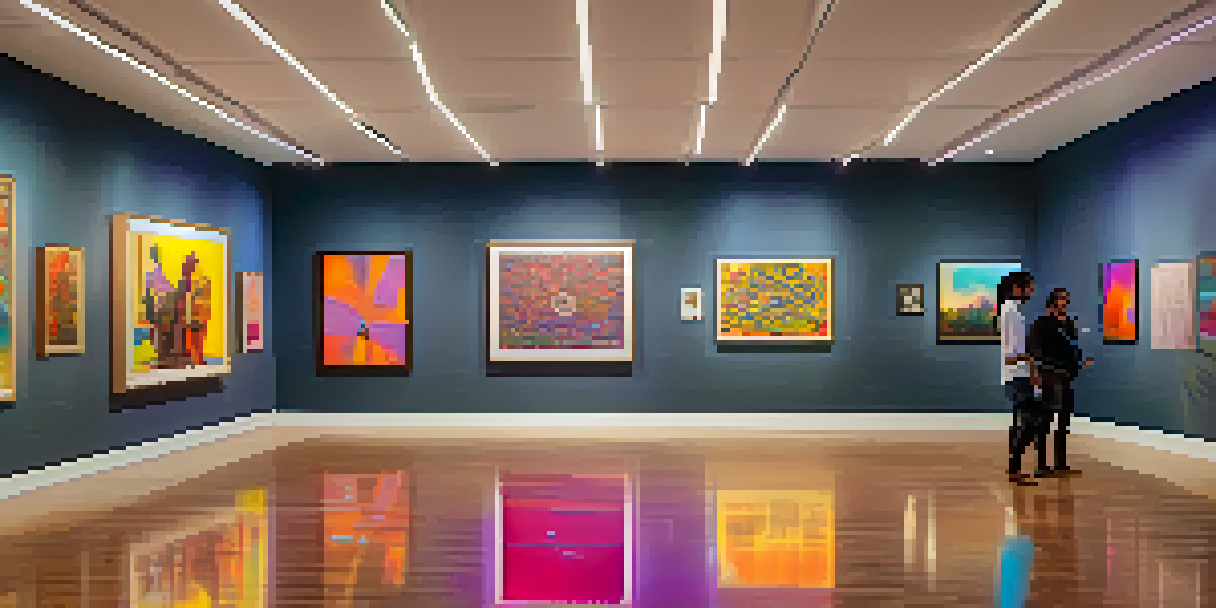 A digital art gallery filled with colorful NFT artworks, featuring diverse people discussing the pieces in a modern setting.