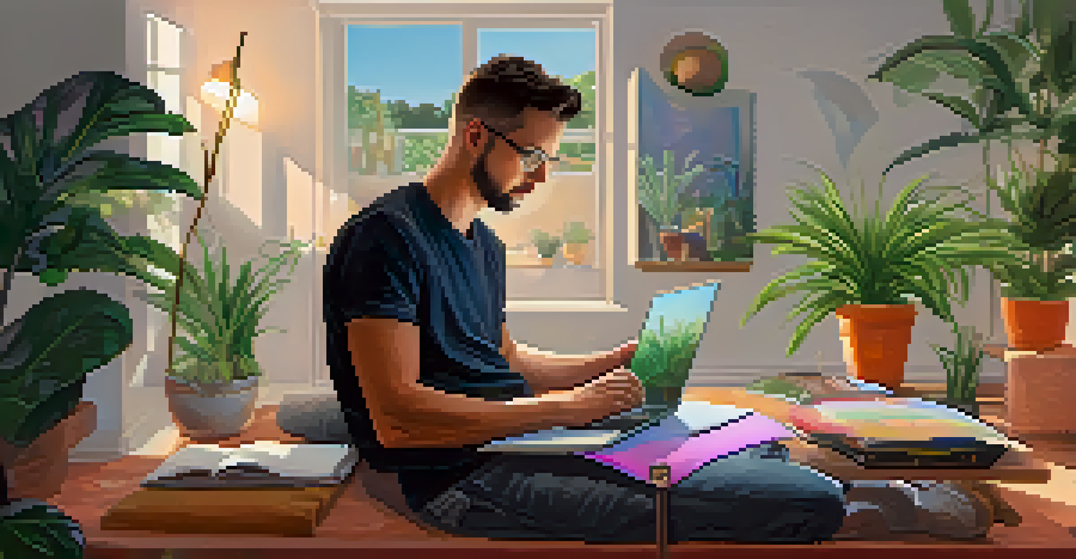 A consumer researching NFTs on a laptop in a cozy living room, with a notepad for notes.