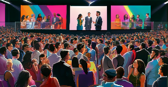 A lively digital art auction scene with diverse attendees bidding on colorful NFT artworks displayed on screens, creating an atmosphere of excitement.