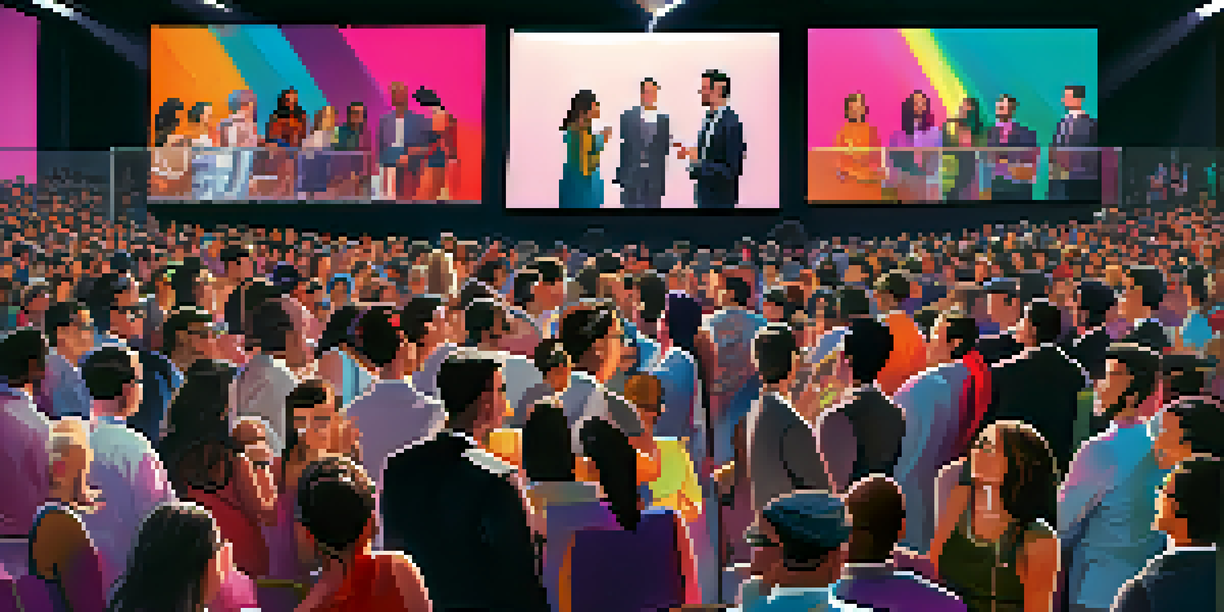 A lively digital art auction scene with diverse attendees bidding on colorful NFT artworks displayed on screens, creating an atmosphere of excitement.