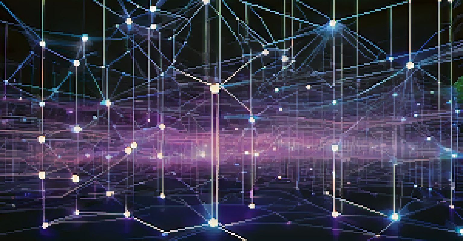 A visual representation of a blockchain network with interconnected nodes, symbolizing transparency in supply chains.
