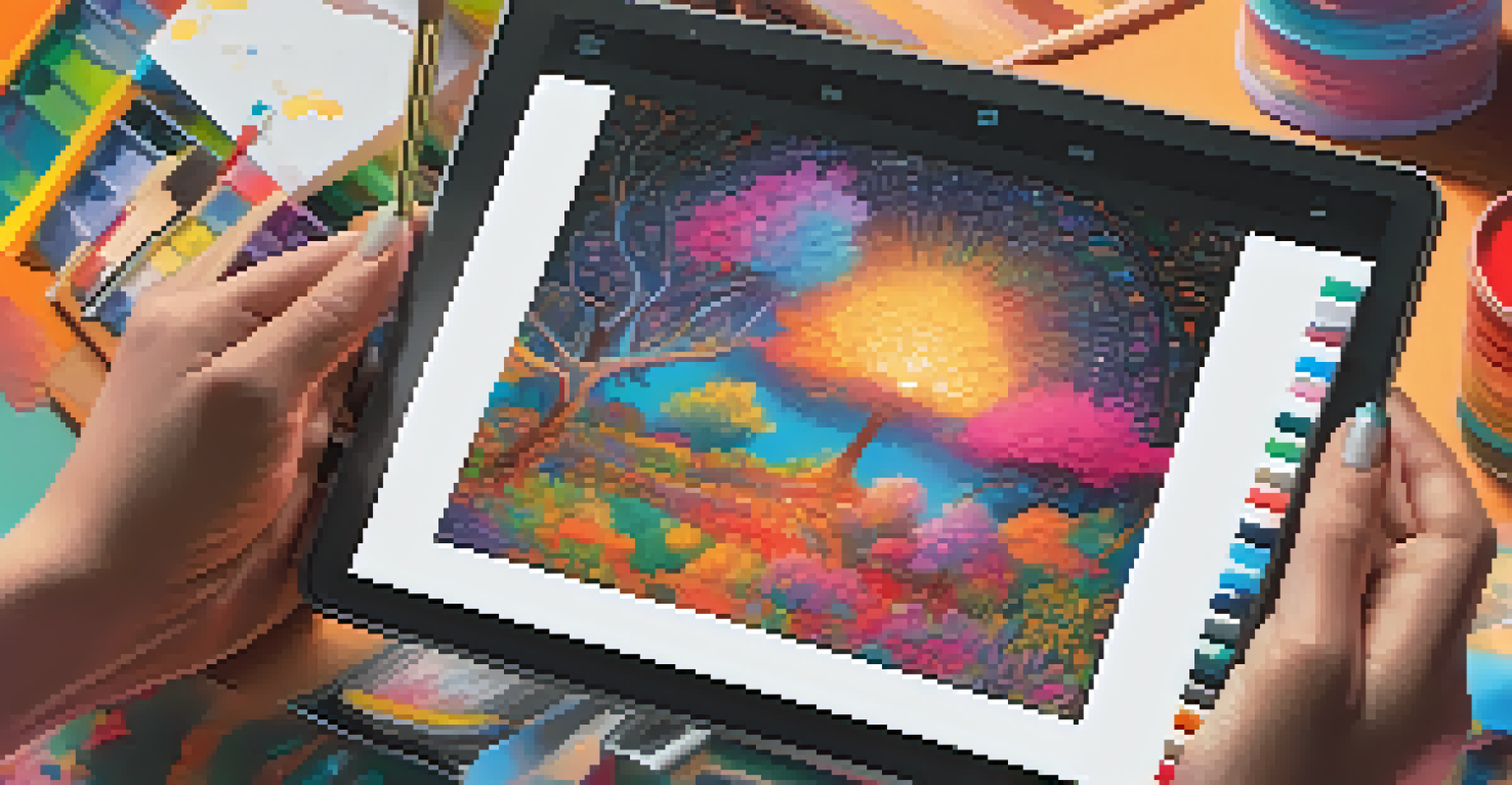 An artist creating NFT artwork on a digital tablet, with colorful designs displayed on the screen and art supplies in the background.