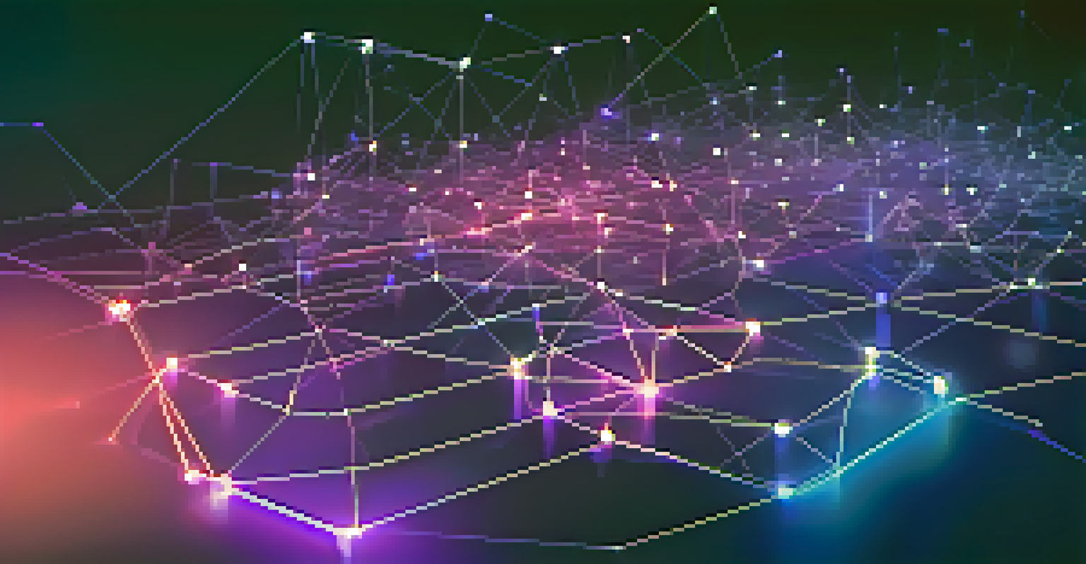 A digital illustration of a blockchain network with interconnected nodes and tokens.