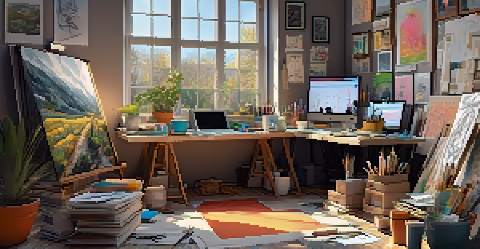 An artist's studio showcasing sketches and digital art for NFTs, with a computer screen displaying an NFT artwork.