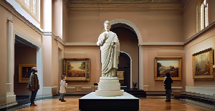 A digital representation of a centuries-old statue in a virtual museum setting with warm lighting and digital overlays providing historical context.