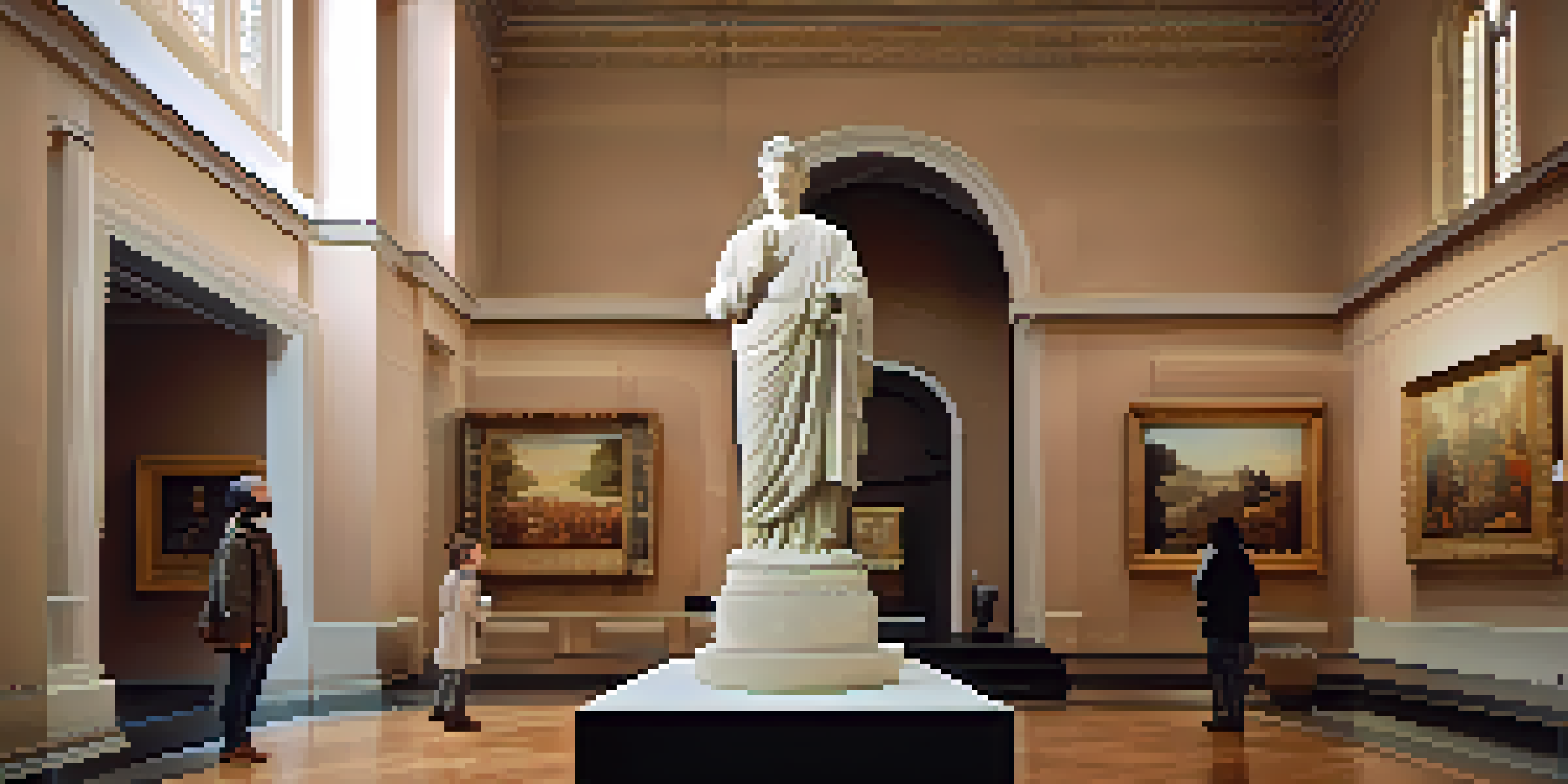 A digital representation of a centuries-old statue in a virtual museum setting with warm lighting and digital overlays providing historical context.