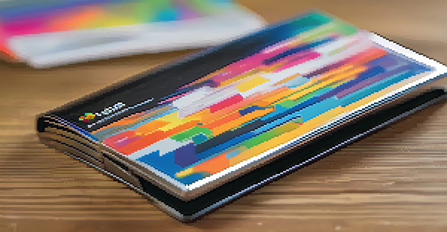 A close-up of a hardware wallet placed on a wooden desk, with colorful digital art prints in the background, highlighting its secure features.
