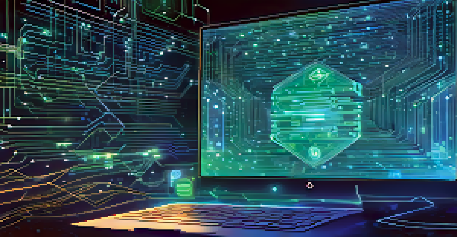 An illustration of smart contracts as a digital ledger with glowing code and blockchain symbols against a blue and green backdrop.