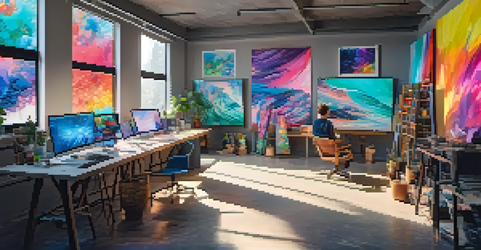 An artist in a colorful digital art studio, working at a computer with vibrant NFT artworks displayed on screens.