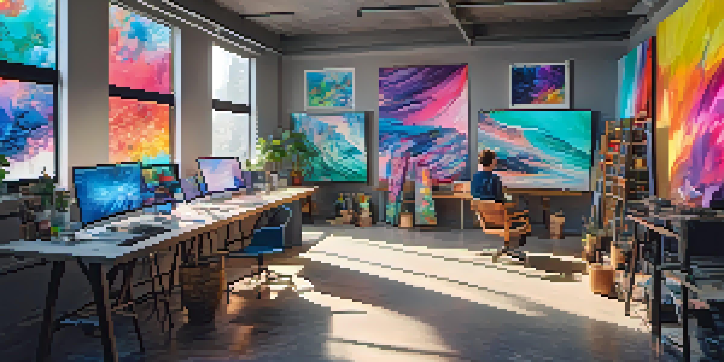 An artist in a colorful digital art studio, working at a computer with vibrant NFT artworks displayed on screens.