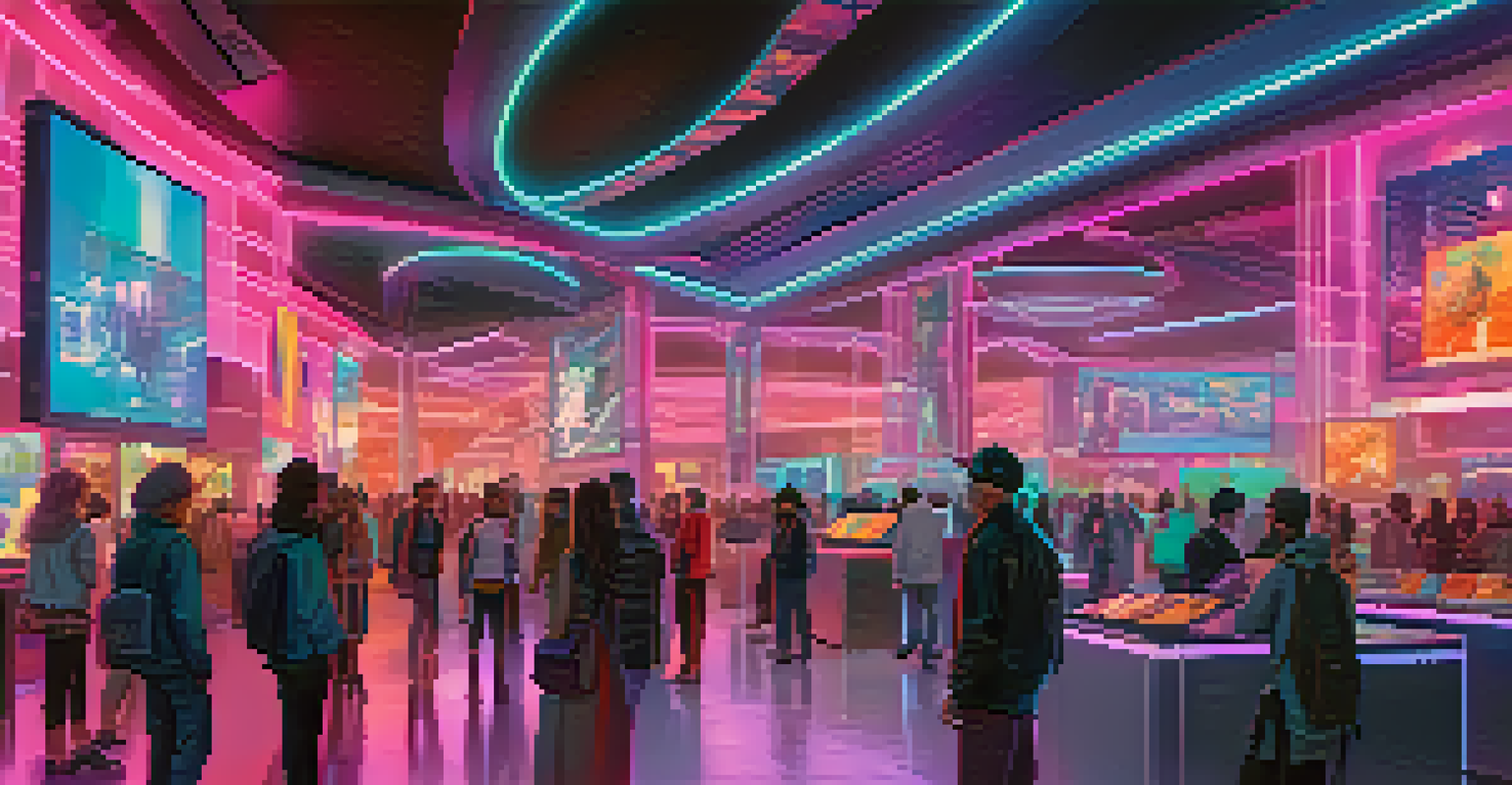 A modern NFT marketplace with artists and collectors, featuring display screens and neon colors in a high-tech environment.