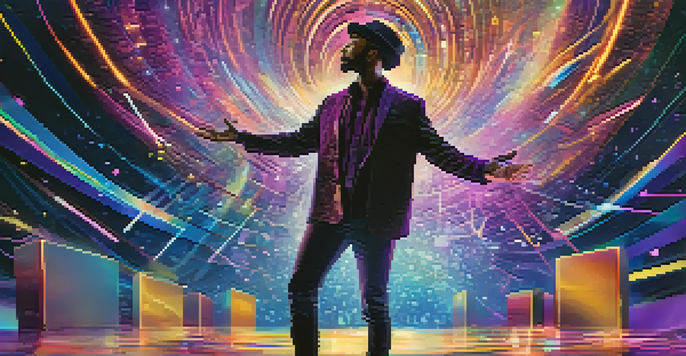 A musician on stage surrounded by colorful musical notes and light beams, interacting with holographic NFT displays.