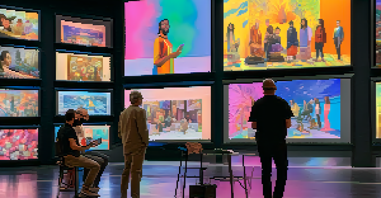A group of diverse NFT collectors discussing artworks at a virtual auction, with bright screens showcasing digital art.